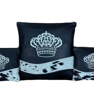 Luxury Tallit and Tefillin Bag Set - Black Leather, Wavy Black-White Fur Stripe and Inlaid Silver Crown