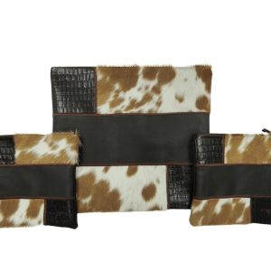 Genuine Leather Tallit and Tefillin Bag Set - Patchwork Design Combining Cowhide Fur, Croco-Textured Leather and Smooth Brown Leather