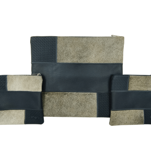 Genuine Leather Tallit and Tefillin Bag Set - Gray-Beige Patchwork Design Combining Fur and Woven Navy Leather