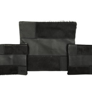Genuine Leather Tallit and Tefillin Bag Set - Black Patchwork Design Combining Fur, Woven Leather and Smooth Leather