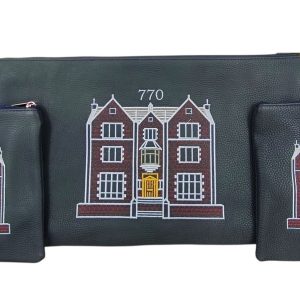 Leather Tefillin Bags Set (Rashi and Rabbeinu Tam) with Matching Carrying Bag - 770 (Chabad) Building Embroidery on Classic Dark Leather
