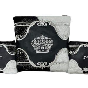 Luxury Tallit and Tefillin Bag Set - Black Leather Center, Black-White Fur Corners and Inlaid Silver Crown