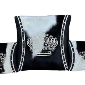 Luxury Tallit and Tefillin Bag Set - Black-White Fur Center, Decorated Black Leather Sides and Inlaid Silver Crown