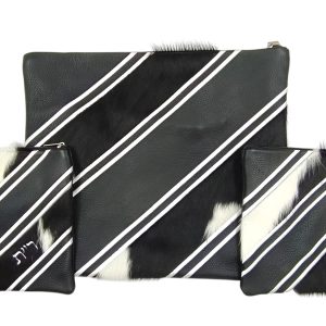 Luxury Tallit and Tefillin Bag Set - Black Leather with Diagonal Stripes Combined with Black-White Fur