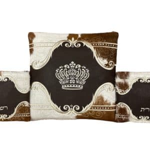 Luxury Tallit and Tefillin Bag Set - Brown Leather Center, Brown-White Fur Corners and Inlaid Crown