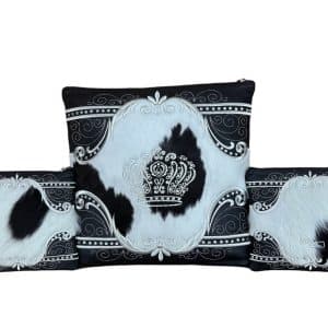 Luxury Tallit and Tefillin Bag Set - Decorated Black Leather Frame, Black-White Fur Center and Inlaid Silver Crown