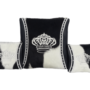 Luxury Tallit and Tefillin Bag Set - Black-White Fur Center, Decorated Black Leather Sides and Inlaid Silver Crown
