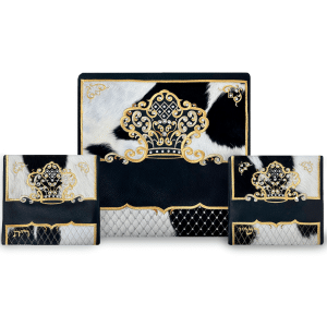 Luxury Tallit and Tefillin Bag Set - Black-White Fur, Leather Panel, Diamond Texture and Luxurious Crown