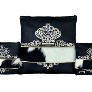 Luxury Tallit and Tefillin Bag Set - Black Leather, Central Black-White Fur Stripe and Inlaid Crown