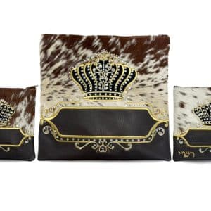 Luxury Tallit and Tefillin Bag Set - Brown-White Fur, Brown Leather Panel and Inlaid Royal Crown