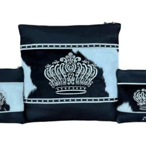 Luxury Tallit and Tefillin Bag Set - Black Leather, Central Black-White Fur Stripe, Inlaid Stripes and Inlaid Silver Crown