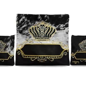 Luxury Tallit and Tefillin Bag Set - Black-White Fur, Black Leather Panel and Inlaid Royal Crown