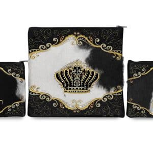 Luxury Tallit and Tefillin Bag Set - Decorated Black Leather Frame, Black-White Fur and Inlaid Crown