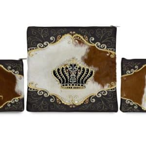 Luxury Tallit and Tefillin Bag Set - Decorated Brown Leather Frame, Brown-White Fur and Inlaid Crown