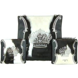 Luxury Tallit and Tefillin Bag Set - Decorated Black Leather Frame, Central Black-White Fur and Inlaid Silver Crown