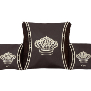Luxury Tallit and Tefillin Bag Set - Brown Leather Center, Brown Fur Sides, Inlaid Stripes and Inlaid Silver Crown