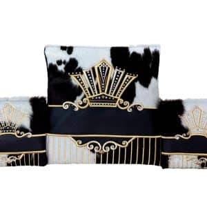 Luxury Tallit and Tefillin Bag Set - Black-White Fur, Leather Strip, Bottom Stripes and Inlaid Pointed Crown