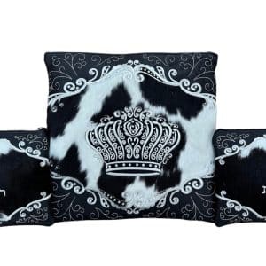 Luxury Tallit and Tefillin Bag Set - Decorated Black Leather Frame, Black-White Fur and Inlaid Silver Crown