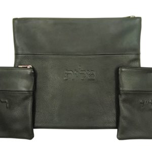 Luxury Tallit and Tefillin Bag Set - Classic Black Leather with Delicate Embossing