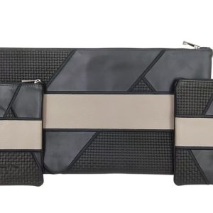 Luxury Tallit and Tefillin Bag Set - Woven Texture, Black Leather and Central Beige Stripe