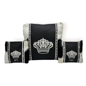Luxury Tallit and Tefillin Bag Set - Black Leather Center, Black-White Fur Sides, Inlaid Stripes and Inlaid Silver Crown