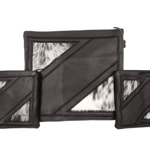 Genuine Leather Tallit and Tefillin Bag Set - Black Diagonal Geometric Patchwork Design Combined with Black-White Fur