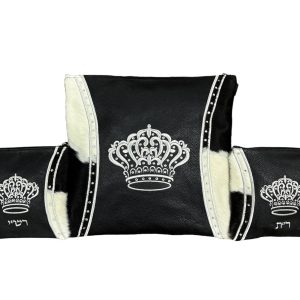Luxurious Tallit & Tefillin Bag Set - Black Leather Center, Decorated White Fur Edges and an Inlaid Silver Crown