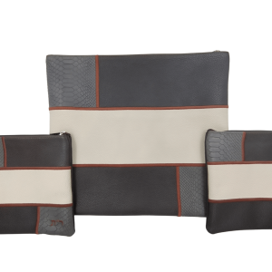 Genuine Leather Tallit and Tefillin Bag Set - Patchwork Design Combining Beige, Dark Gray and Snakeskin-Textured Leather