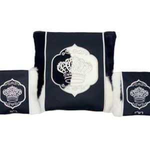 Luxury Tallit and Tefillin Bag Set - Black Leather Center, Black-White Fur Sides and Inlaid Silver Crown