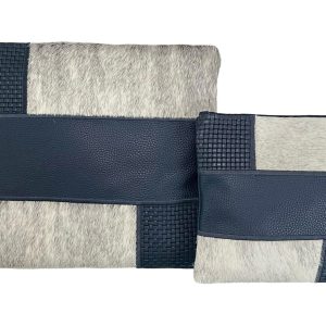 Tallit & Tefillin Bag Set - Combination of Woven Leather, Smooth Leather and Natural Fur in Navy Blue and White