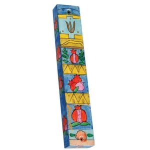 Large Wooden Mezuzah Case with Pomegranates in Squares