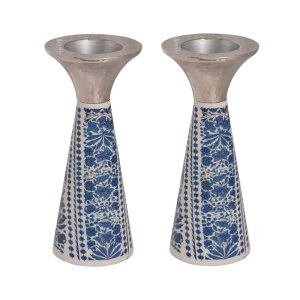 Short Cone Shabbat Candlesticks in Blue and White