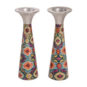 Tall Cone Shabbat Candlesticks with Embroidery Pattern