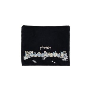 Velvet Tefillin Bag with Jerusalem in Light Blue