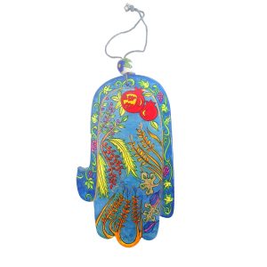 Large Wooden Hamsa with the Seven Species on Light Blue