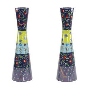 Large Hand-Painted Shabbat Candlesticks - Colorful Stripes