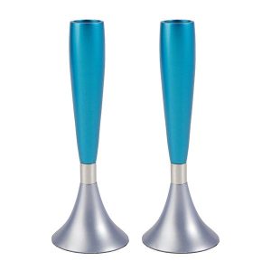 Medium Shabbat Candlesticks in Turquoise on a Silver Base