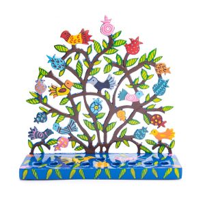 Painted Hanukkah Menorah with Pomegranates and Birds