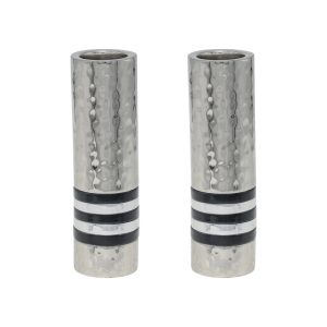 Hammered Cylinder Shabbat Candlesticks with Black Rings