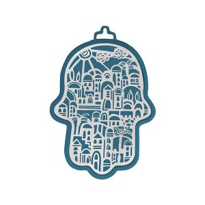 Small Blue Hamsa with Silver Jerusalem