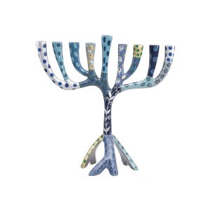 Medium Tree Hanukkah Menorah with Blue Stripes