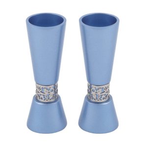 Large Light Blue Shabbat Candlesticks with Pomegranates