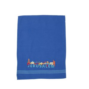 Blue Kitchen Towel - Embroidered Jerusalem View