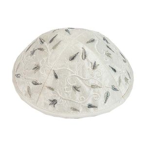 Embroidered Kippah with Flowers, Silver