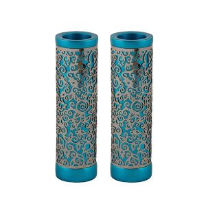 Cylinder Shabbat Candlesticks with Metal Cutout on Turquoise