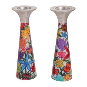Tall Cone Shabbat Candlesticks with Colorful Flowers