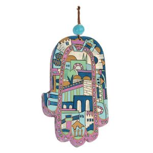 Large Wooden Hamsa with Jerusalem in Cool Tones