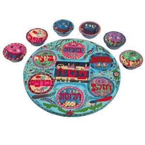 Passover Seder Plate "Pesach" with 6 Small Dishes in Turquoise