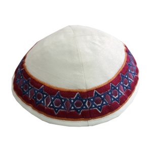 White Kippah with Burgundy Magen David Stripe