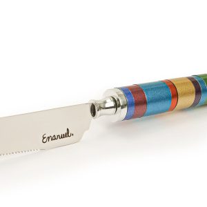 Challah Knife with Colorful Rings on Stand